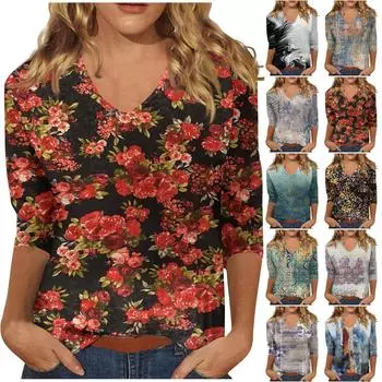 Рубашки с рукавом 3/4 для женщин, милые футболки с графическим принтом, блузки, повседневные базовые топы на пуговицах больших размеров, пуловеры XL синий