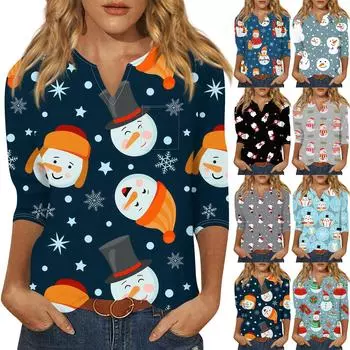 Рубашки с рукавом 3/4 для женщин Милые топы Рождественские принты Футболки Блузки Повседневные топы больших размеров Базовые топы Пуловеры L винный