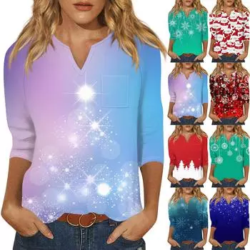 Рубашки с рукавом 3/4 для женщин Милые топы Рождественские принты Футболки Блузки Повседневные топы больших размеров Базовые топы Пуловеры M