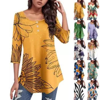 Рубашки с рукавом 3/4 для женщин с принтом, повседневная футболка на пуговицах с круглым вырезом и верхом с изогнутым краем XXXL красный