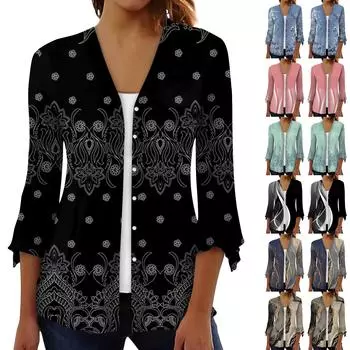 Рубашки с рукавом 3/4 для женщин, свободная футболка с принтом, топы с v-образным вырезом и рюшами на рукавах L чёрный