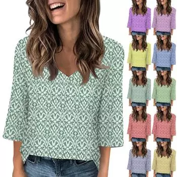 Рубашки с рукавом 3/4 для женщин, свободная футболка с принтом, топы с v-образным вырезом и рюшами, футболка, топ L синий