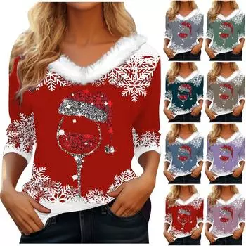 Рубашки с рукавом 3/4 для женщин, рождественские футболки с графическим принтом, блузки, повседневные базовые топы на пуговицах больших размеров, пуловеры L зелёный