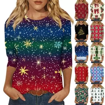 Рубашки с рукавом 3/4 для женщин Милые рождественские принты Графические футболки Блузки Повседневные Большие размеры Базовые топы Пуловеры XXL