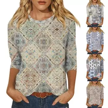 Рубашки с рукавом 3/4 для женщин, футболки с графическим принтом, блузки, повседневные базовые топы, пуловеры L бежевый
