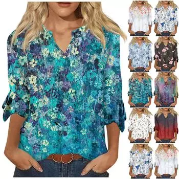 Рубашки с рукавом 3/4 для женщин, футболки с рисунком и принтом, блузки, повседневные базовые топы больших размеров, пуловеры XL красный