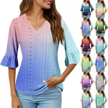 Рубашки с рукавом 3/4 для женщин, свободная футболка с принтом, топы с v-образным вырезом и рюшами на рукавах M