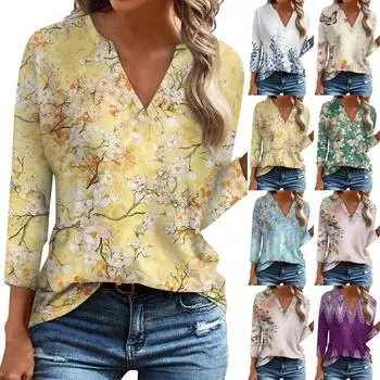 Рубашки с рукавом 3/4 для женщин, футболки с графическим принтом, блузки, повседневные базовые топы больших размеров, пуловер, обычный топ с v-образным вырезом XXXL