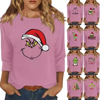 Рубашки с рукавом 3/4 для женщин, футболки с принтом, блузки, повседневные, больших размеров, базовые топы, пуловеры S винный