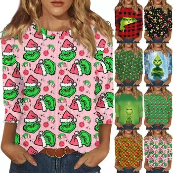 Рубашки с рукавом 3/4 для женщин Милые рождественские принты Графические футболки Блузки Повседневные Большие размеры Базовые топы Пуловеры L
