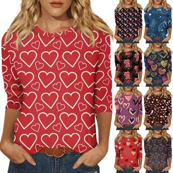 Рубашки с рукавом 3/4 для женщин, футболки с графическим принтом, блузки, повседневные базовые топы, пуловеры XXL розовый