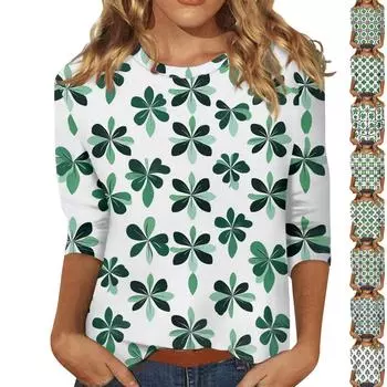 Рубашки с рукавом 3/4 для женщин, футболки с принтом, блузки, повседневные, больших размеров, базовые топы, пуловеры L армия зеленый