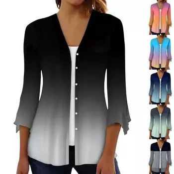 Рубашки с рукавом 3/4 для женщин, свободная футболка с принтом, топы с v-образным вырезом и рюшами на рукавах L чёрный