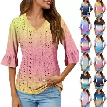 Рубашки с рукавом 3/4 для женщин, свободная футболка с принтом, топы с v-образным вырезом и рюшами, футболка, топ L чёрный