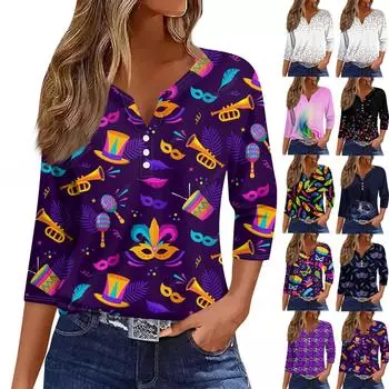 Рубашки с рукавом 3/4 для женщин, милые принты, графические футболки, блузки, повседневные блузки, туники с V-образным вырезом, топы M розовый