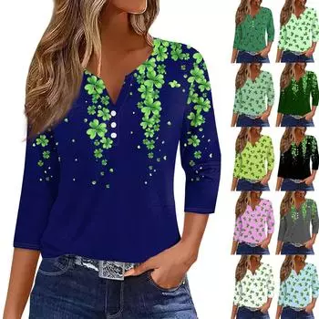 Рубашки с рукавом 3/4 для женщин, милые футболки с графическим принтом, блузки, повседневные блузки, туники с V-образным вырезом, топы St. Патрика L