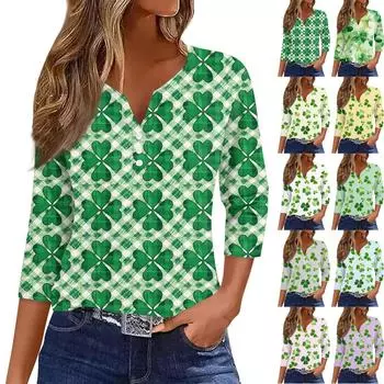 Рубашки с рукавом 3/4 для женщин, милые футболки с графическим принтом, блузки, повседневные блузки, туники с V-образным вырезом, топы St. Патрика S