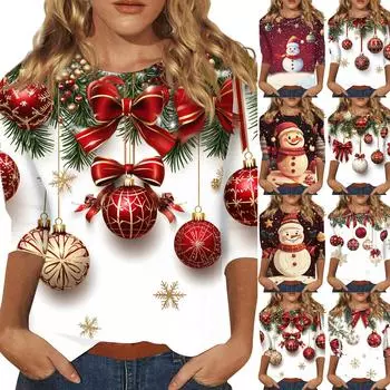 Рубашки с рукавом 3/4 для женщин, футболки с принтом, блузки, повседневные, больших размеров, базовые топы, пуловеры S