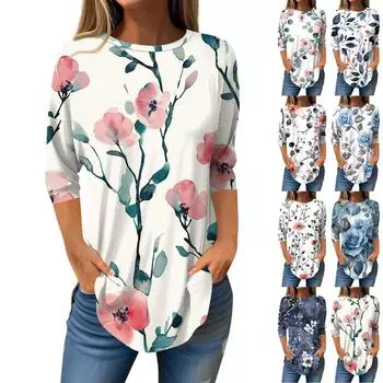Рубашки с рукавом 3/4 для женщин, милые топы, футболки с рисунком, блузки, повседневные базовые топы больших размеров, пуловеры L чёрный