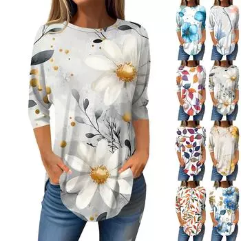 Рубашки с рукавом 3/4 для женщин, милые топы, футболки с рисунком, блузки, повседневные базовые топы больших размеров, пуловеры L чёрный