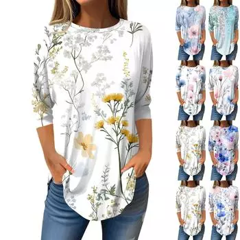 Рубашки с рукавом 3/4 для женщин, милые топы, футболки с рисунком, блузки, повседневные базовые топы больших размеров, пуловеры L чёрный