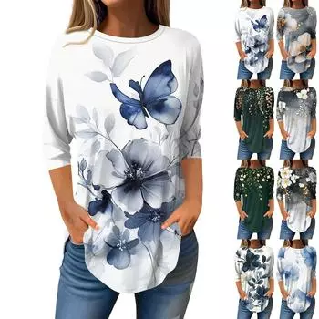 Рубашки с рукавом 3/4 для женщин, милые топы, футболки с рисунком, блузки, повседневные базовые топы больших размеров, пуловеры L чёрный