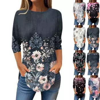 Рубашки с рукавом 3/4 для женщин, милые топы, футболки с рисунком, блузки, повседневные базовые топы больших размеров, пуловеры L чёрный