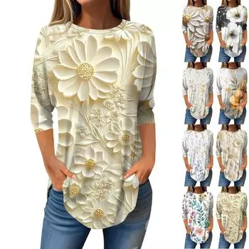 Рубашки с рукавом 3/4 для женщин, милые топы, футболки с рисунком, блузки, повседневные базовые топы больших размеров, пуловеры L темно-фиолетового