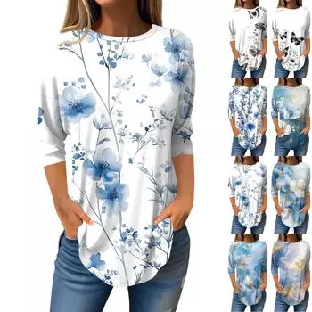 Рубашки с рукавом 3/4 для женщин, милые топы, футболки с рисунком, блузки, повседневные базовые топы больших размеров, пуловеры L чёрный