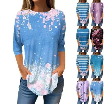 Рубашки с рукавом 3/4 для женщин, милые топы, футболки с рисунком, блузки, повседневные базовые топы больших размеров, пуловеры L чёрный