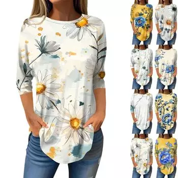 Рубашки с рукавом 3/4 для женщин, милые топы, футболки с рисунком, блузки, повседневные базовые топы больших размеров, пуловеры L чёрный