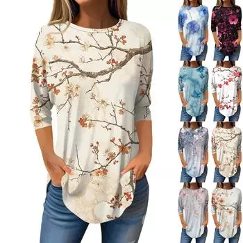 Рубашки с рукавом 3/4 для женщин, милые топы, футболки с рисунком, блузки, повседневные базовые топы больших размеров, пуловеры L чёрный