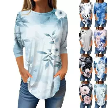 Рубашки с рукавом 3/4 для женщин, милые топы, футболки с рисунком, блузки, повседневные базовые топы больших размеров, пуловеры L чёрный