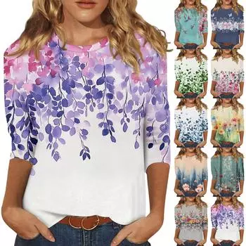 Рубашки с рукавом 3/4 для женщин, милые футболки с графическим принтом, блузки, повседневные базовые топы больших размеров, пуловеры L темно-зеленого