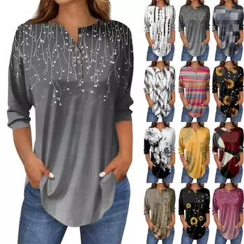 Рубашки с рукавом 3/4 для женщин, модные, повседневные, с круглым вырезом, с принтом, футболка, топ L чёрный