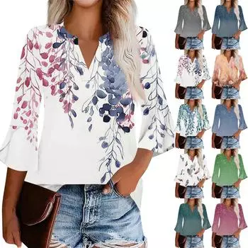 Рубашки с рукавом 3/4 для женщин, модные, повседневные, с круглым вырезом, с принтом, футболка, топ XXXL оранжевый