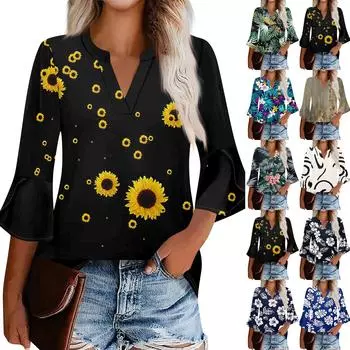 Рубашки с рукавом 3/4 для женщин, модные, повседневные, с круглым вырезом, с принтом, футболка, топ L бежевый