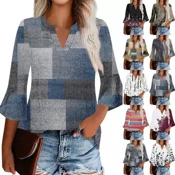 Рубашки с рукавом 3/4 для женщин, модные, повседневные, с круглым вырезом, с принтом, футболка, топ M