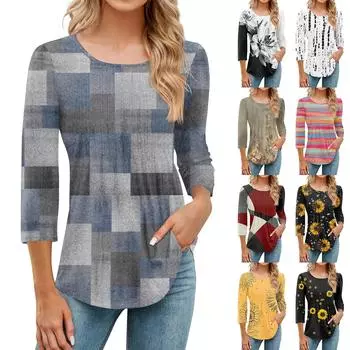 Рубашки с рукавом 3/4 для женщин, модные, повседневные, с круглым вырезом, с принтом, футболка, топ XXXL
