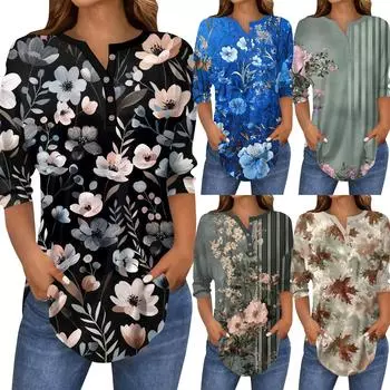 Рубашки с рукавом 3/4 для женщин, модные, повседневные, с круглым вырезом, с принтом, футболка, топ L чёрный