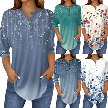 Рубашки с рукавом 3/4 для женщин, модные, повседневные, с круглым вырезом, с принтом, футболка, топ L циан