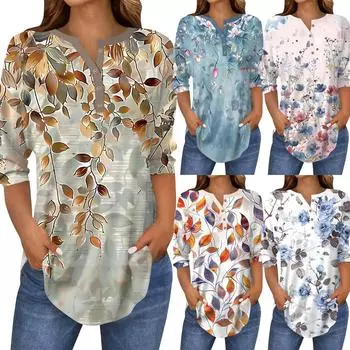 Рубашки с рукавом 3/4 для женщин, модные, повседневные, с круглым вырезом, с принтом, футболка, топ M оранжевый