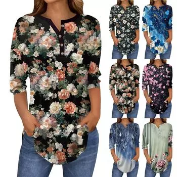 Рубашки с рукавом 3/4 для женщин, модные, повседневные, с круглым вырезом, с принтом, футболка, топ M чёрный
