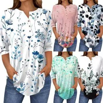 Рубашки с рукавом 3/4 для женщин, модные, повседневные, с круглым вырезом, с принтом, футболка, топ S