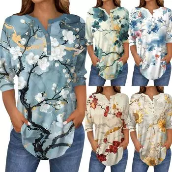 Рубашки с рукавом 3/4 для женщин, модные, повседневные, с круглым вырезом, с принтом, футболка, топ L циан