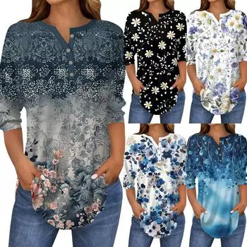 Рубашки с рукавом 3/4 для женщин, модные, повседневные, с круглым вырезом, с принтом, футболка, топ L чёрный