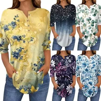 Рубашки с рукавом 3/4 для женщин, модные, повседневные, с круглым вырезом, с принтом, футболка, топ L синий