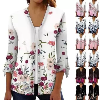 Рубашки с рукавом 3/4 для женщин, свободная футболка с принтом, топы с v-образным вырезом и рюшами на рукавах XL