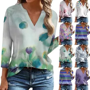 Рубашки с рукавом 3/4 для женщин, футболки с графическим принтом, блузки, повседневные базовые топы больших размеров, пуловер, обычный топ с v-образным вырезом XXXL синий