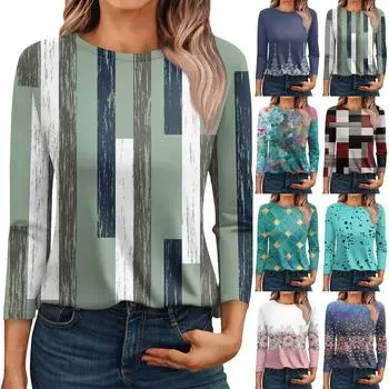 Рубашки с рукавом 3/4 для женщин, милые футболки с графическим принтом, блузки, повседневные базовые топы больших размеров, пуловеры L синий